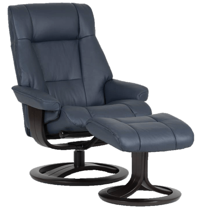 dark blue leather chair with ottoman
